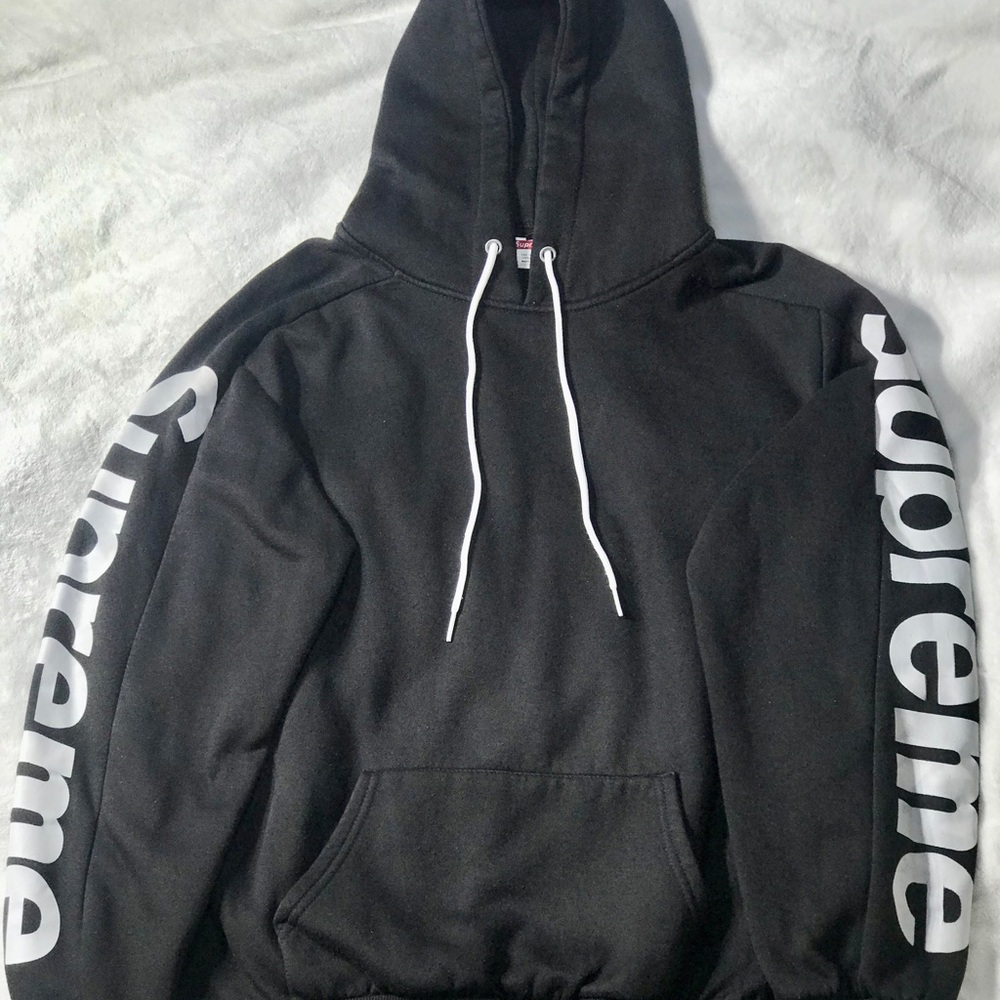 Supreme Black Hoodie with White Sleeve Script